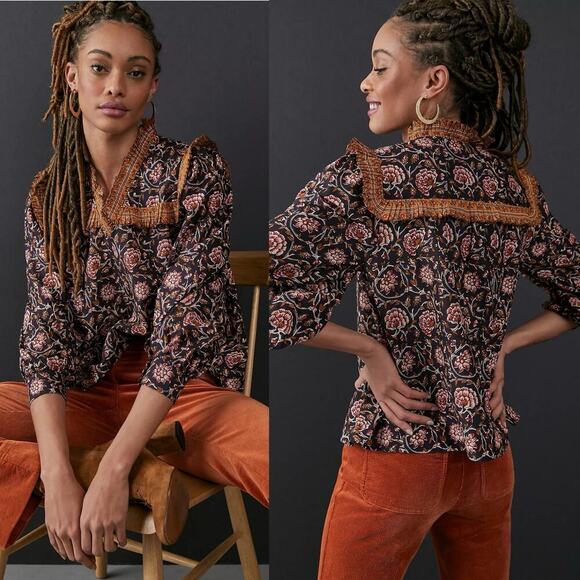 Anthropologie Othilia Sera Ruffled Blouse Black Floral Boho Fall Top Medium - Picture 1 of 8